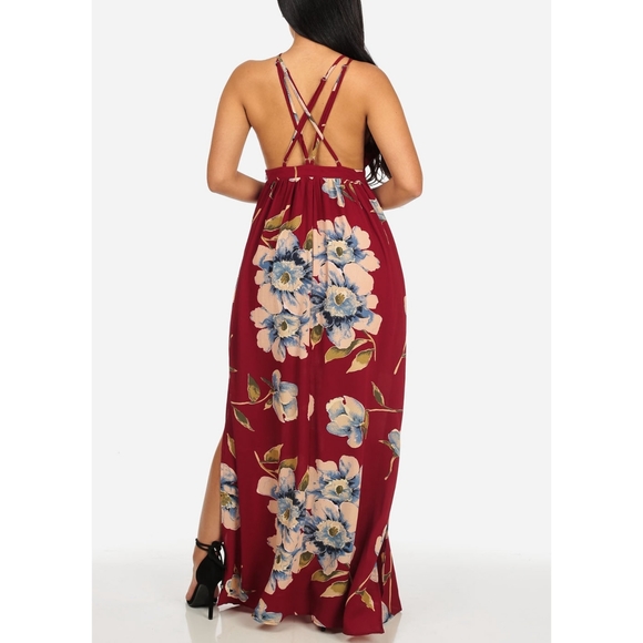 L'ATISTE | Red Floral Deep V Crisscross Back Maxi - Picture 3 of 9